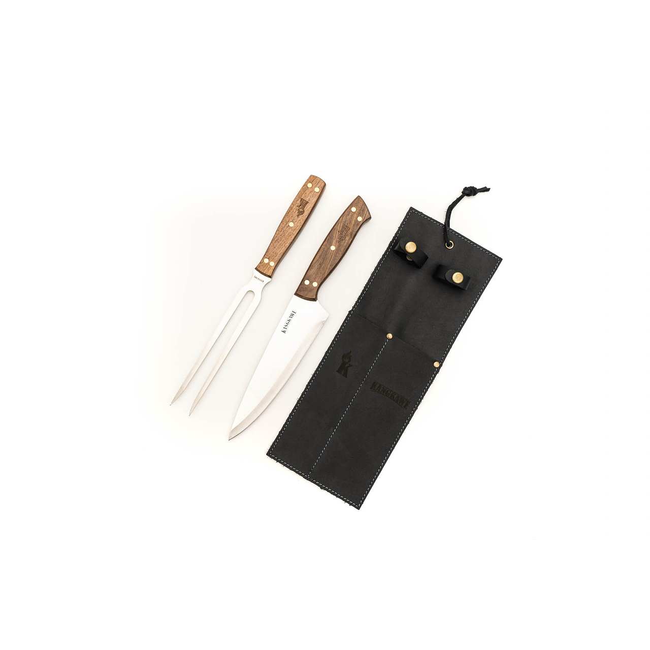 Set Tenedor y Cuchillo Parrillero Forro de cuero Negro