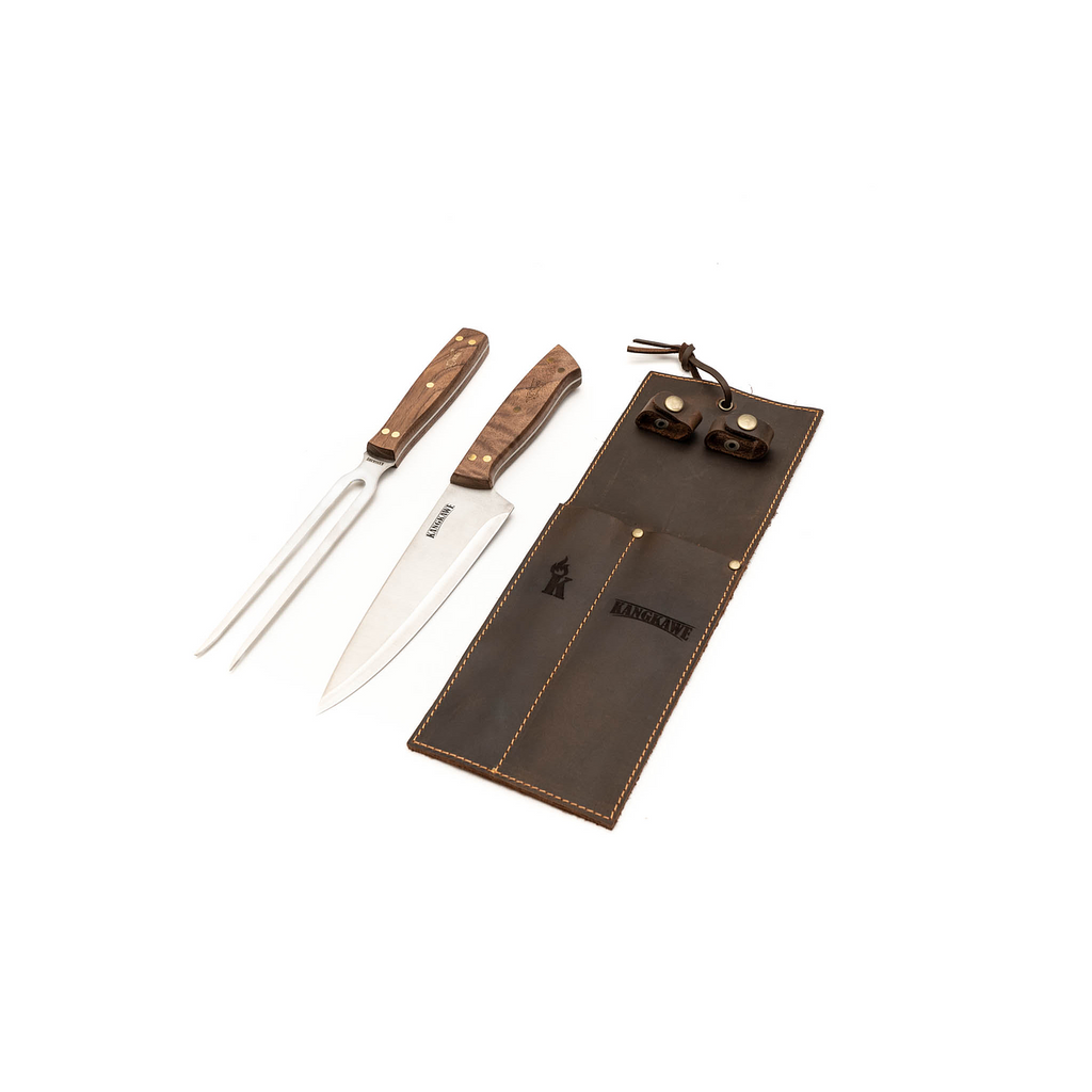 Set Tenedor y Cuchillo Parrillero con Forro de Cuero Café