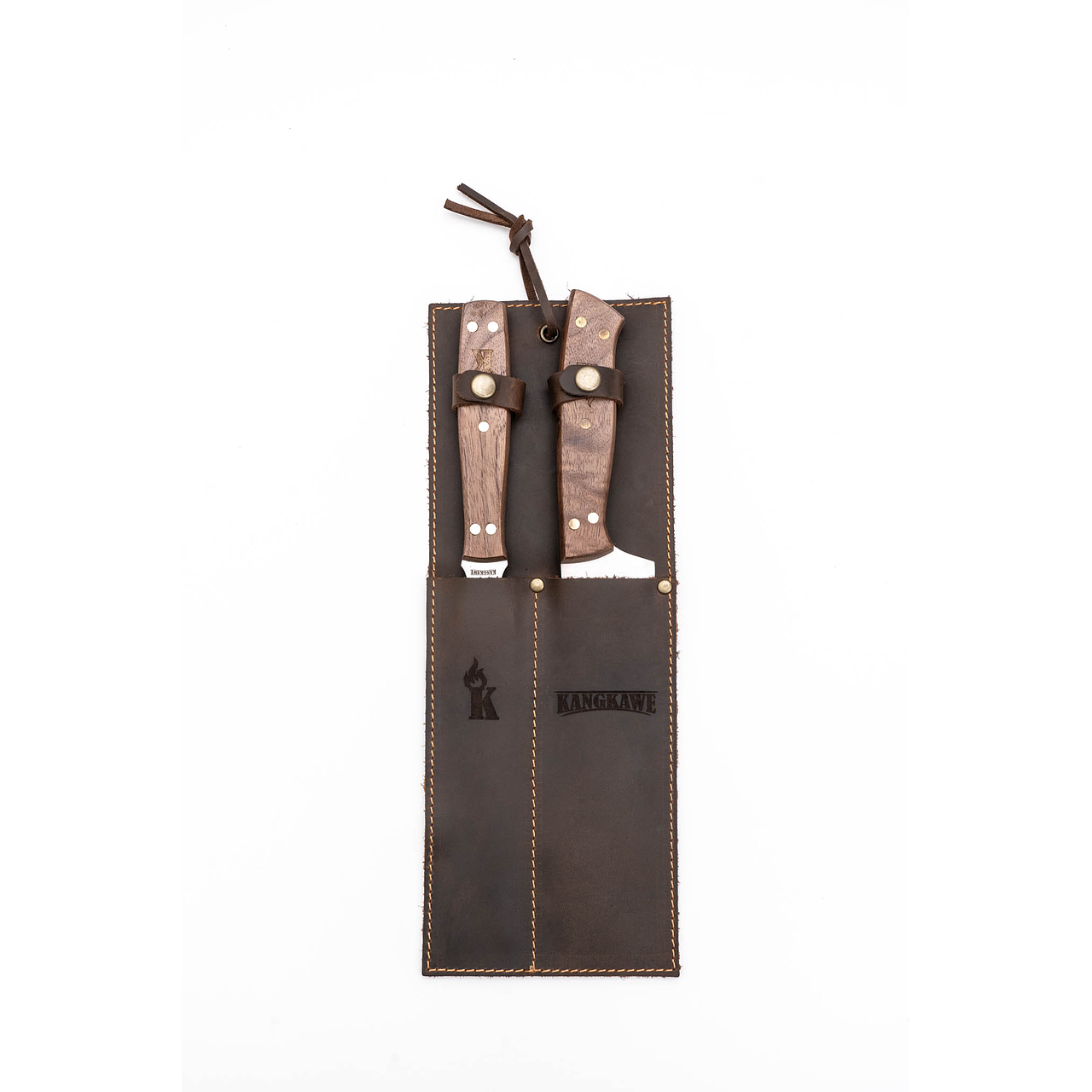 Set Tenedor y Cuchillo Parrillero con Forro de Cuero Café