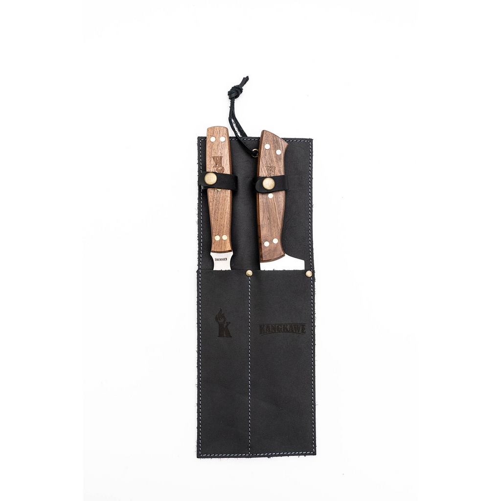 Set Tenedor y Cuchillo Parrillero Forro de cuero Negro