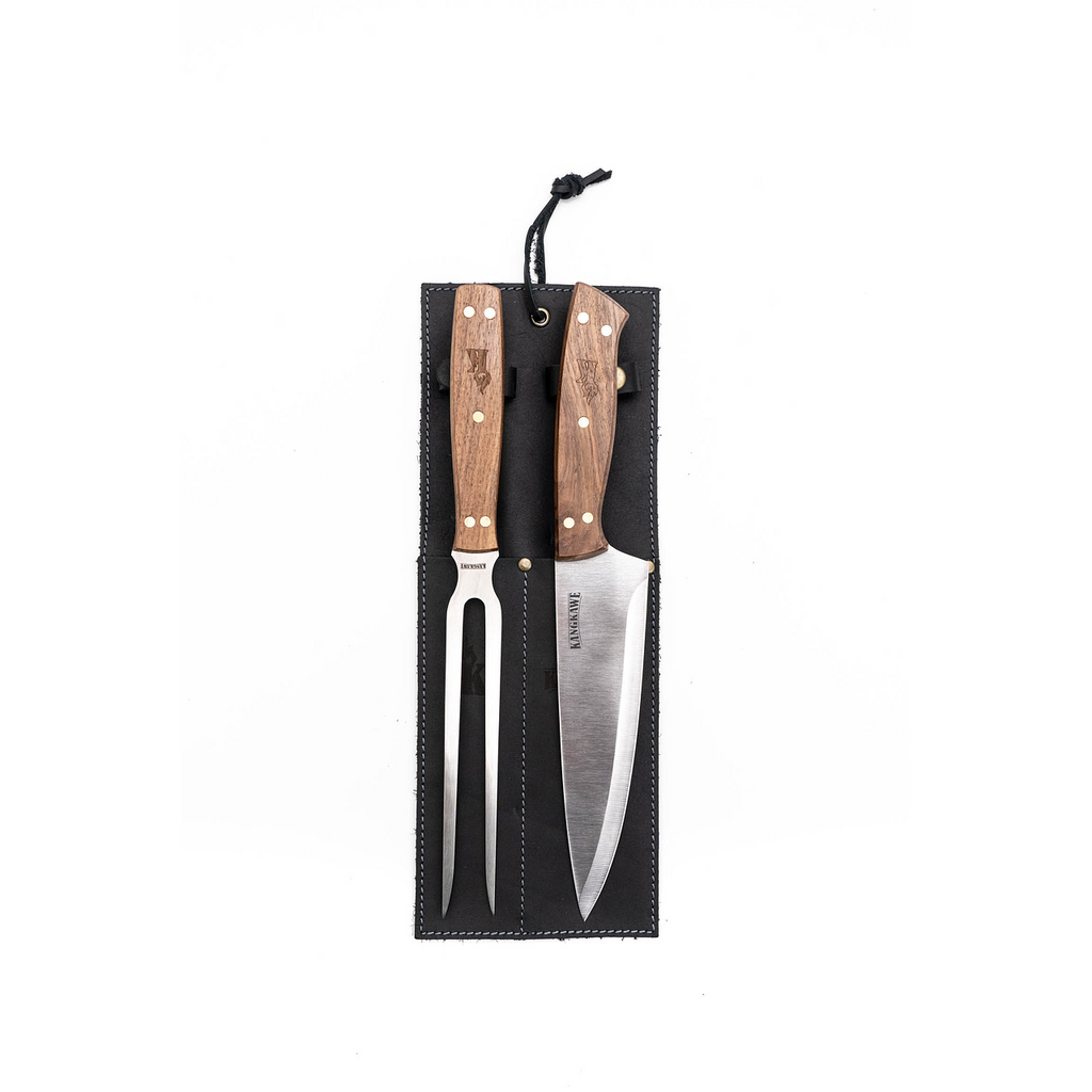 Set Tenedor y Cuchillo Parrillero Forro de cuero Negro