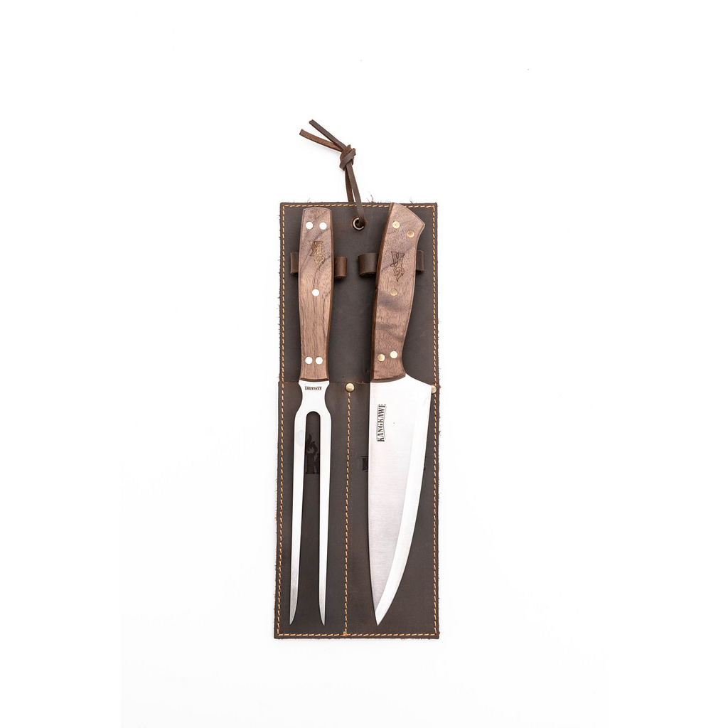 Set Tenedor y Cuchillo Parrillero con Forro de Cuero Café