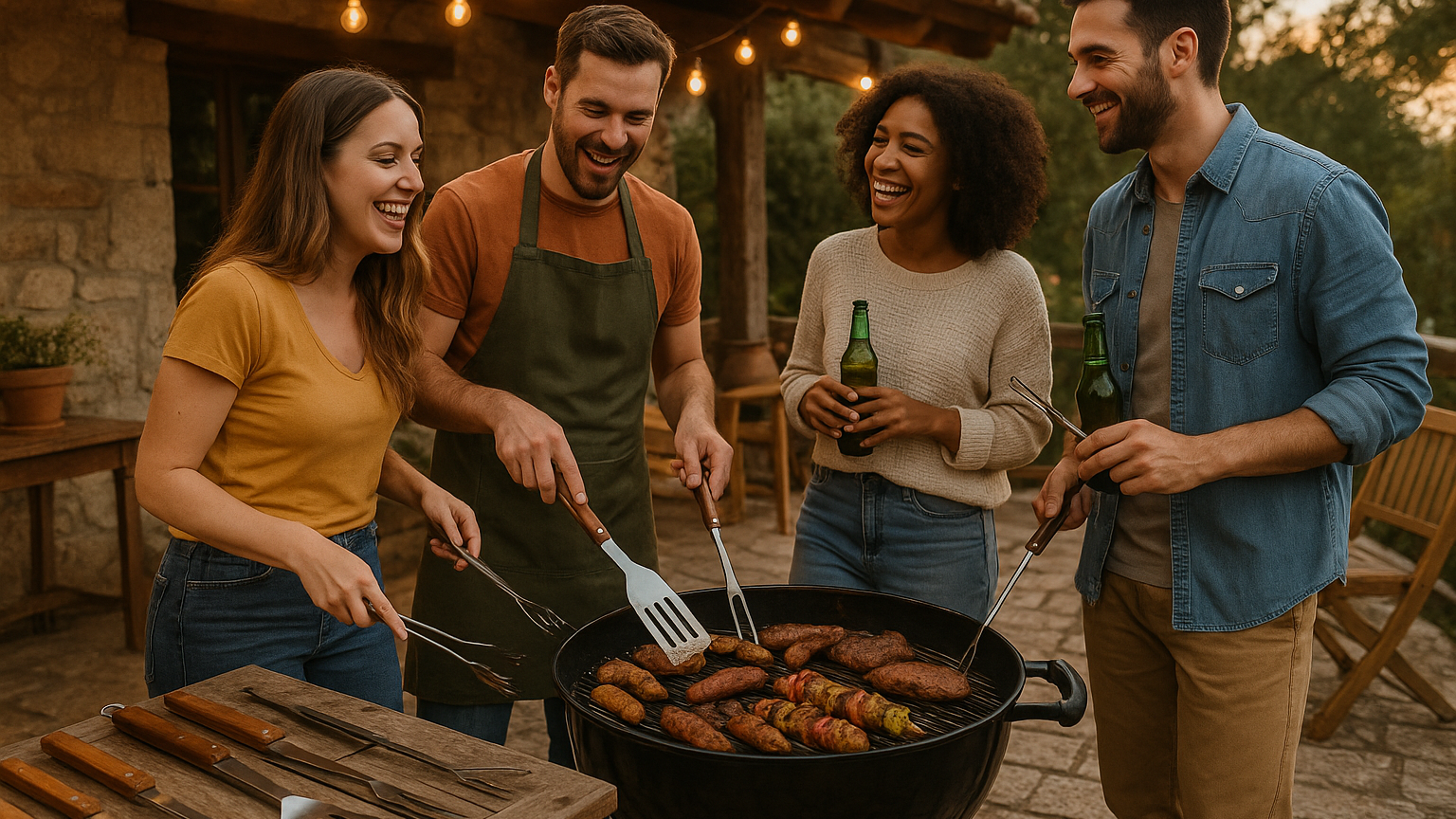amigos disfrutando una experiencia de parrillada con utencilios parrilleros en una terraza ambiente rustico